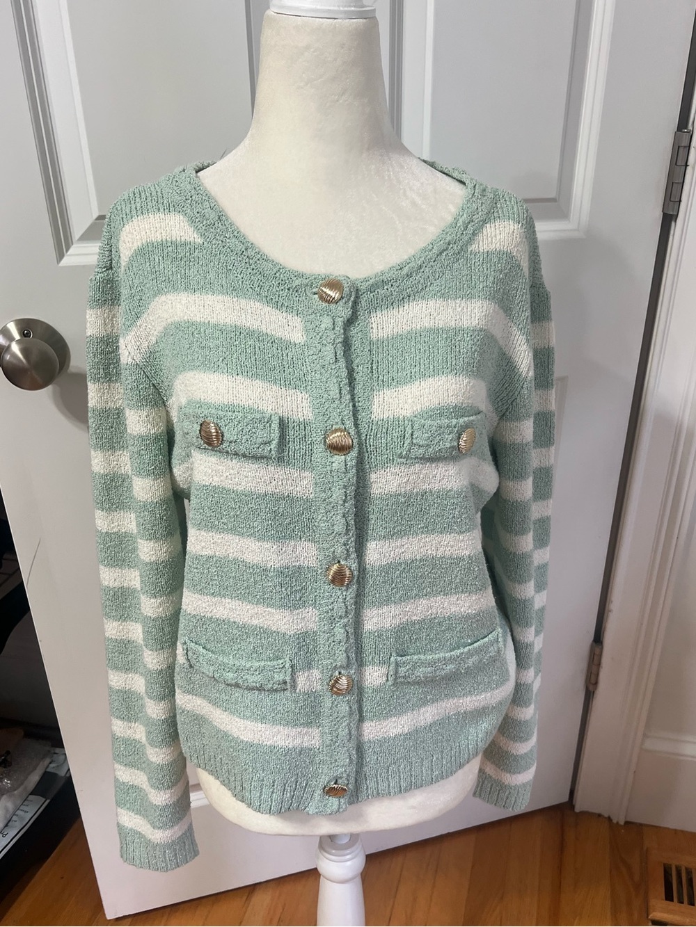 Mint & White Striped Button-Front Women's Cardigan